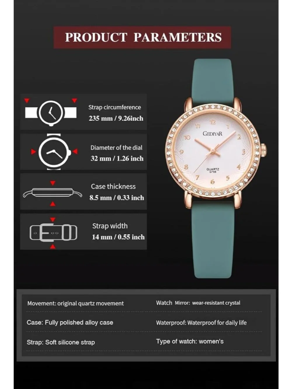 Women's Green Analog Quartz Crystal Rhinestone Bezel Waterproof Wrist Watch